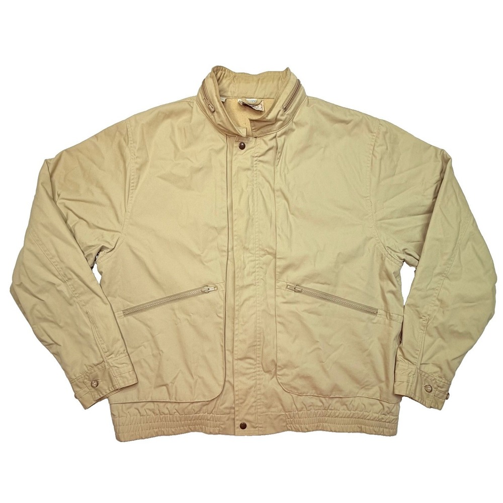 Vintage IZOD Lacoste Men's L Tan Khaki Bomber Jacket Packable Hood Zip Front